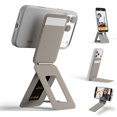 MOFT MagSafe phone stand wallet in taupe folded into a tripod