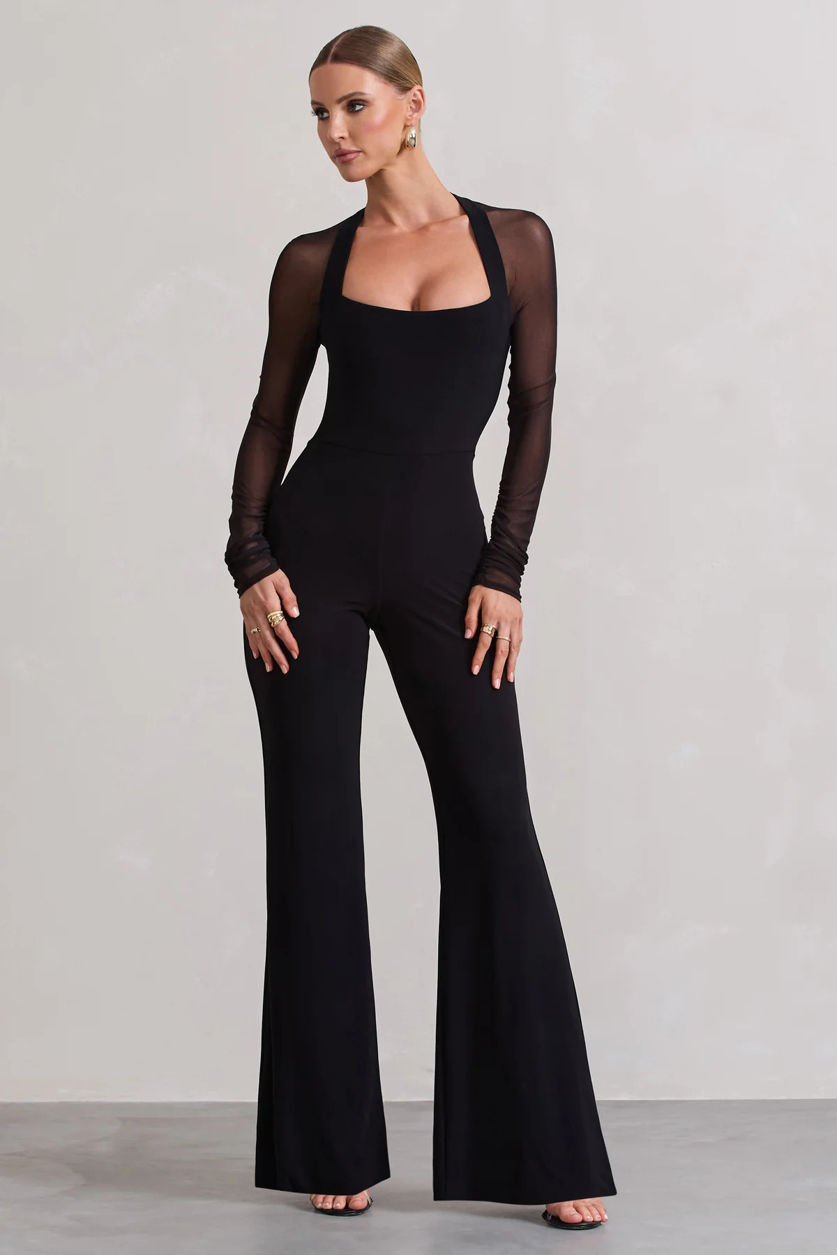 On Track | Black Flared-Leg Jumpsuit With Sheer Sleeves | Club L London