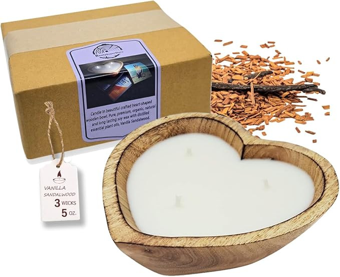 BestySuperStore 6” Heart Shaped Wooden Bowl Vanilla Sandalwood Scented Soy Wax Candle - 3 Wicks... | Amazon (US)
