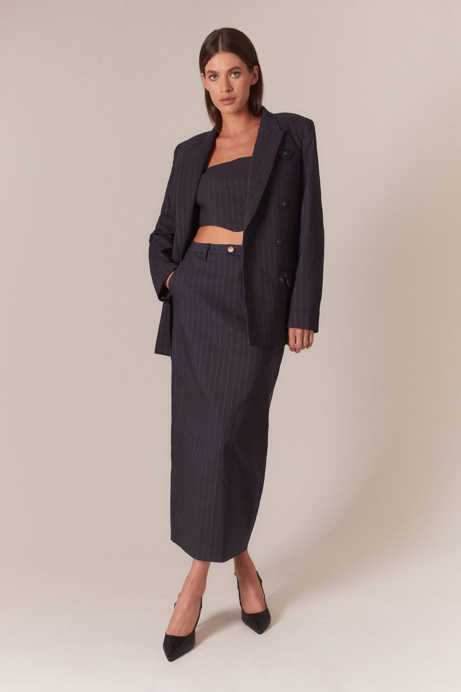 sian pin stripe maxi skirt in navy pinstripe | Bardot (US)