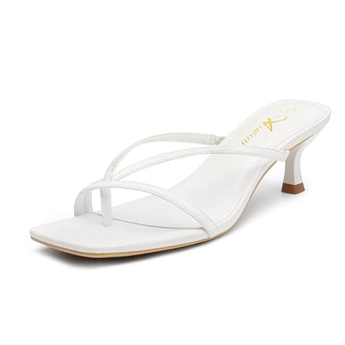 Athlefit Women's Strappy Kitten Heels Flip Flops Square Open Toe Low Heels Fashion Party Dress Thong Heeled Sandals White Size 9.5 | Amazon (US)