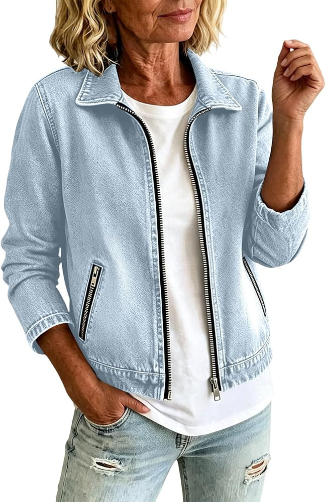 Women Cropped Stretch Jean Jacket Collared Zip Up Pullover Sweatshirt Lightweight Denim Cardigan with Zipper Pockets | Amazon (US)