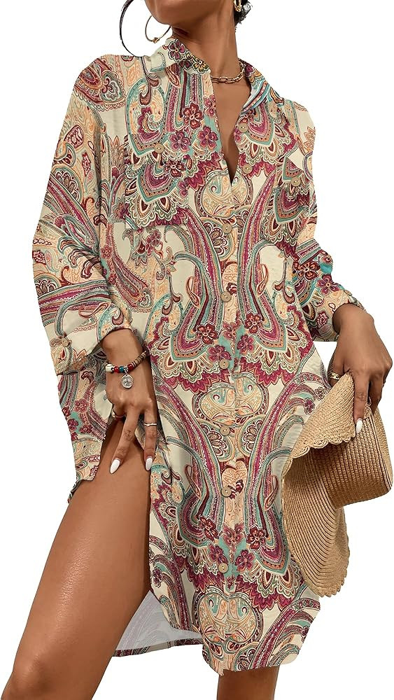 Bsubseach Womens Modern Swimsuit Cover Up Blouse Button Down Shirt Dresses Tops | Amazon (US)