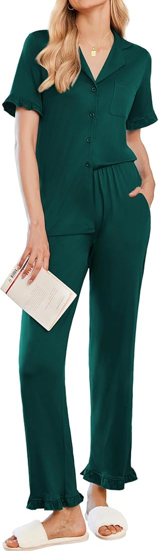 Ekouaer Ruffle Pajamas for Women Set 2 Piece Button Up Pj Sets Soft Pants Lounge Set Loungewear | Amazon (US)