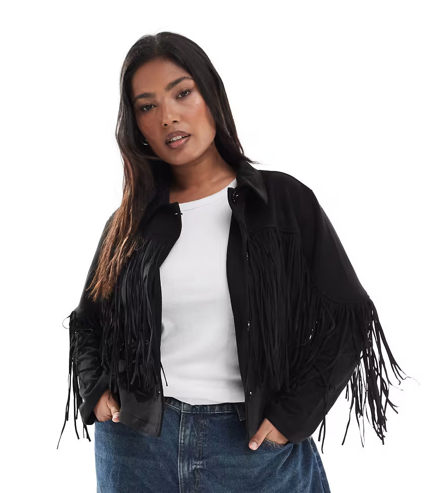 ONLY Curve cropped jacket with fringe detail in black faux suede | ASOS (Global)