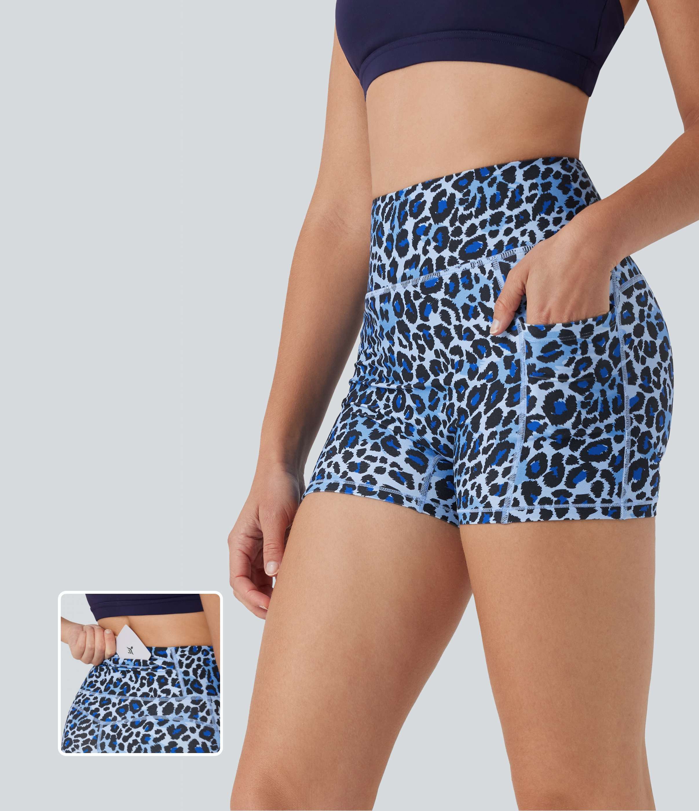 Halara High Waisted Leopard Print Yoga Biker Shorts 3'' with Pockets - Ice blue leopard print - M biker shorts women black biker shorts | HALARA