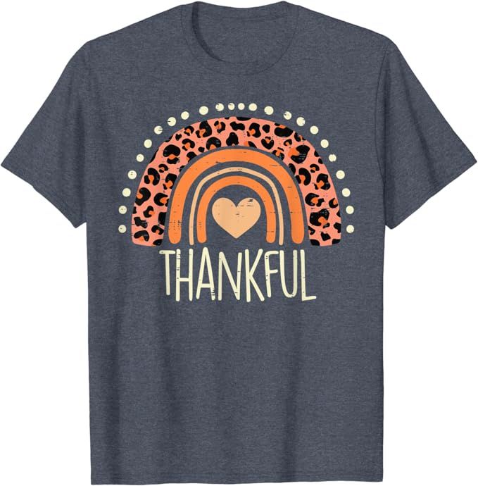 Leopard Rainbow Heart Thankful Thanksgiving Boho Women T-Shirt | Amazon (US)