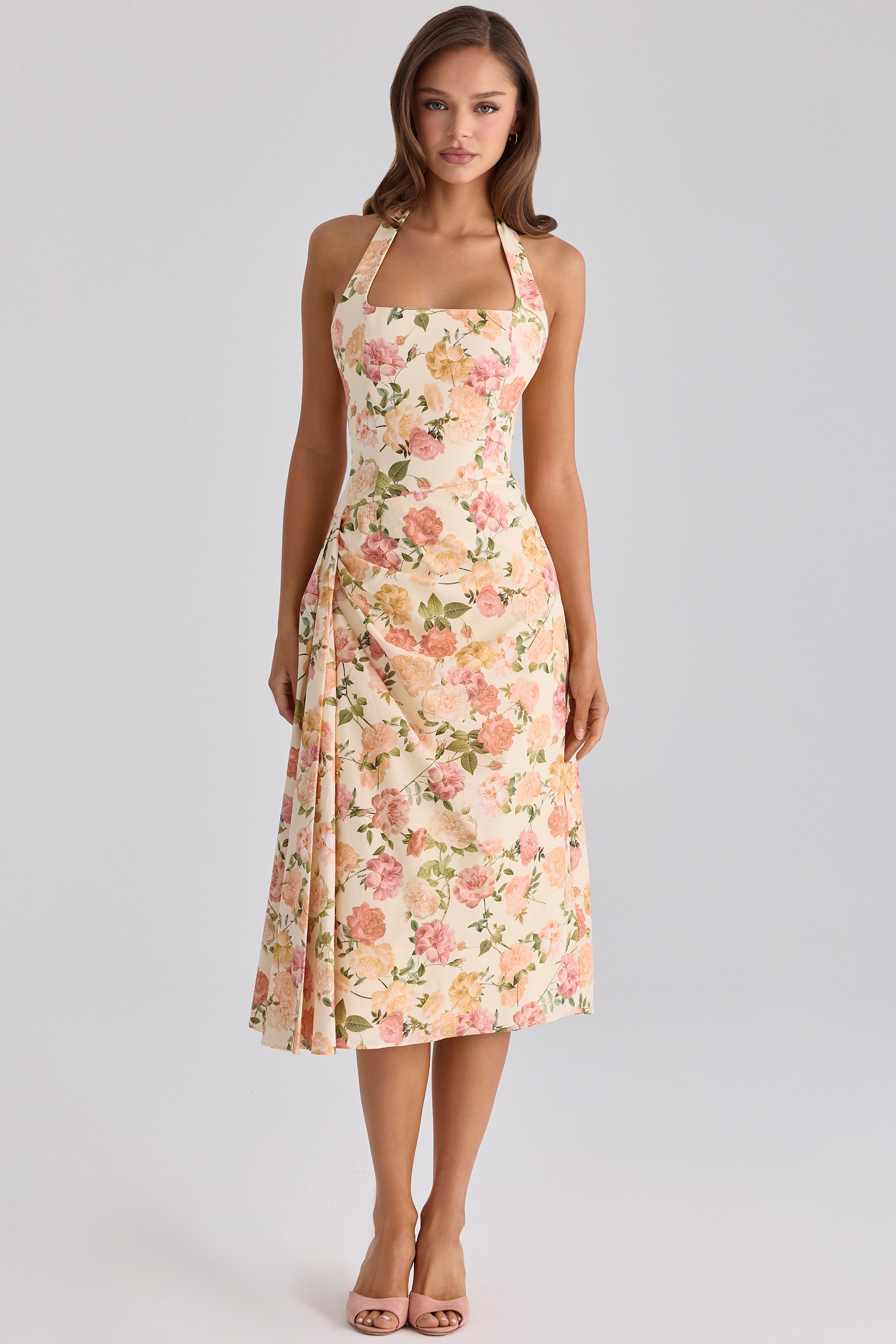 warm rose print halter neck cotton midi dress | House of CB