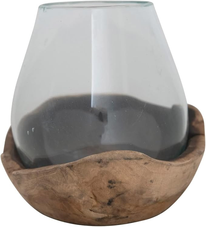 Creative Co-Op Glass Hurricane on Natural Wood Base Vase, 7" L x 7" W x 9" H | Amazon (US)