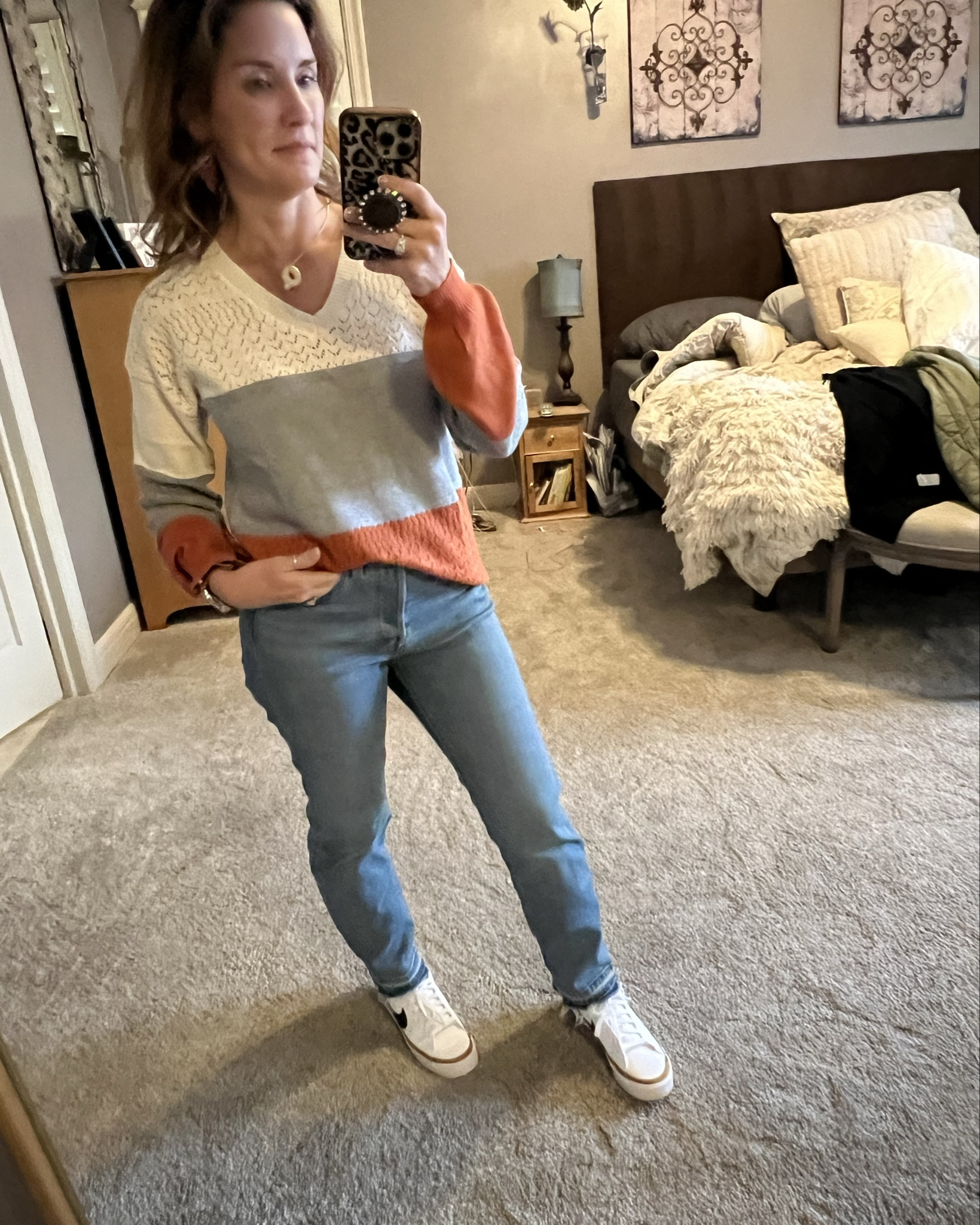 I love love love the colors on this color block sweater shirt! I also love the V-neck becuase I can wear fun necklaces and have them be seen!

#LTKNYFW #LTKFallSale #LTKSeasonal