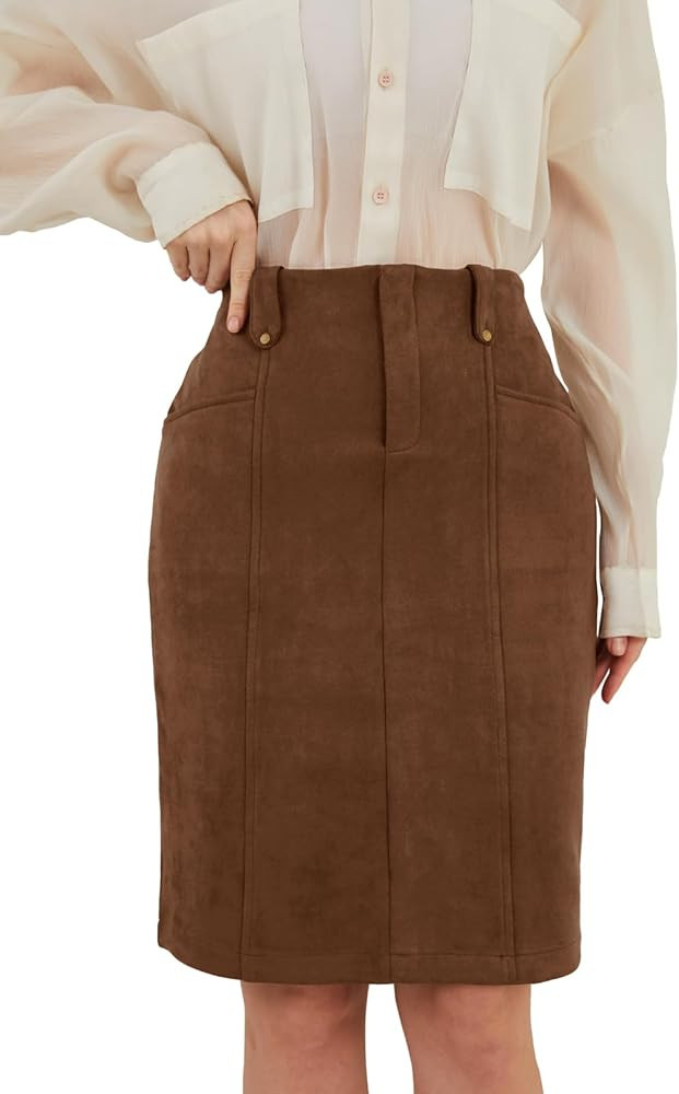 Women's Faux Suede Knee Length Skirt High Waisted Bodycon Fall Winter Zipper Trendy Skirts for Wo... | Amazon (US)