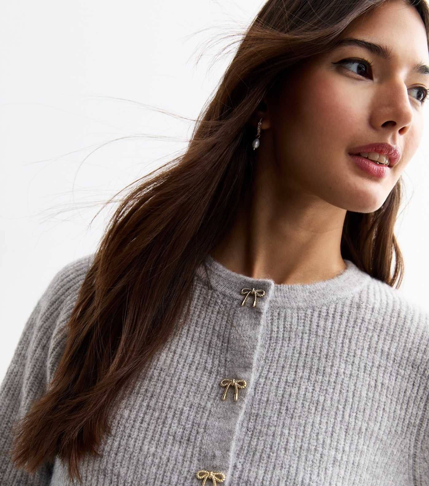 Grey Bow Button Ribbed Knit Cardigan | New Look | New Look (UK)