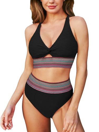 CUPSHE Women's Bikini Sets Two Piece Bathing Suit High Waisted Twist Cutout V Neck Swimsuit Keyhole,XL Black | Amazon (US)