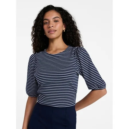 Time and Tru Women s Cotton Crewneck Tee with Puff Sleeves Sizes XS-XXXL | Walmart (US)
