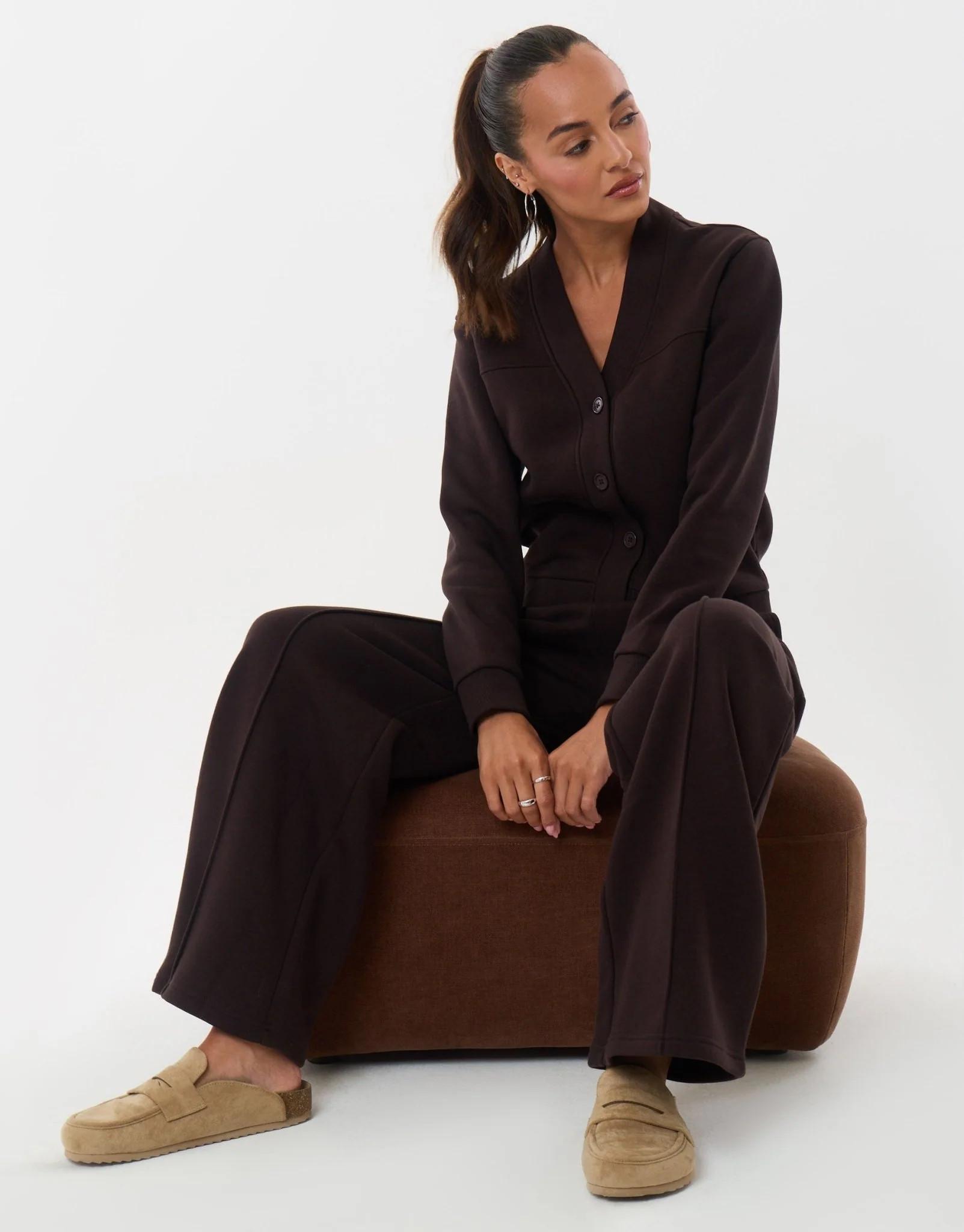 The Staple Cardigan & Jogger Sweat Set in Chocolate Brown | Threadbare UK