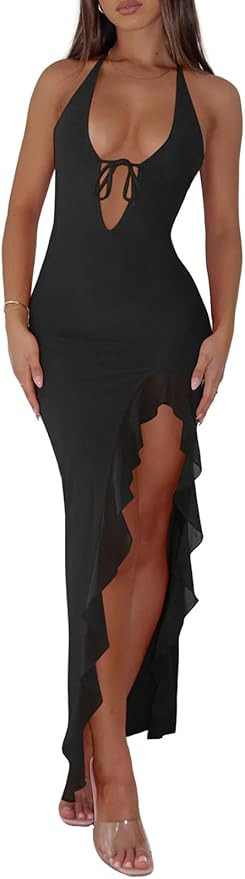 Women Sexy Halter V Neck Maxi Dress Mesh Ruffle Hem Bodycon Backless High Slit Cocktail Party Wed... | Amazon (US)