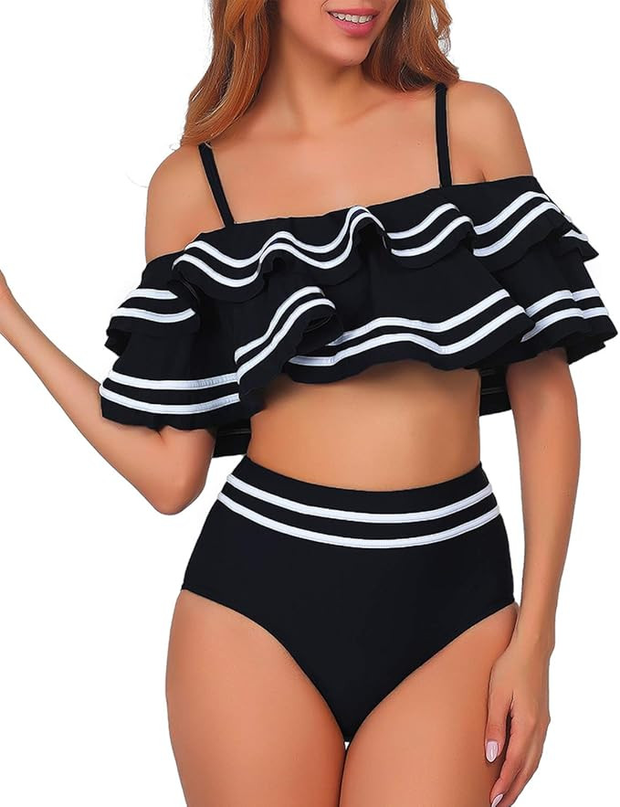 Women 2 Piece Vintage Navy Ruched Flounce Off Shoulder Crop Top with High Waist Bottom Bikini Set... | Amazon (US)