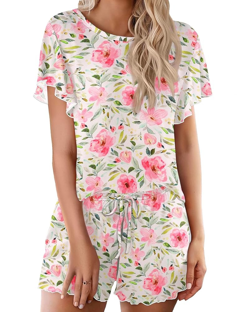 Ekouaer Pajama Set for Women 2 Piece Lounge Set Short Sleeve Pjs Tops and Shorts Soft Sleepwear S... | Amazon (US)