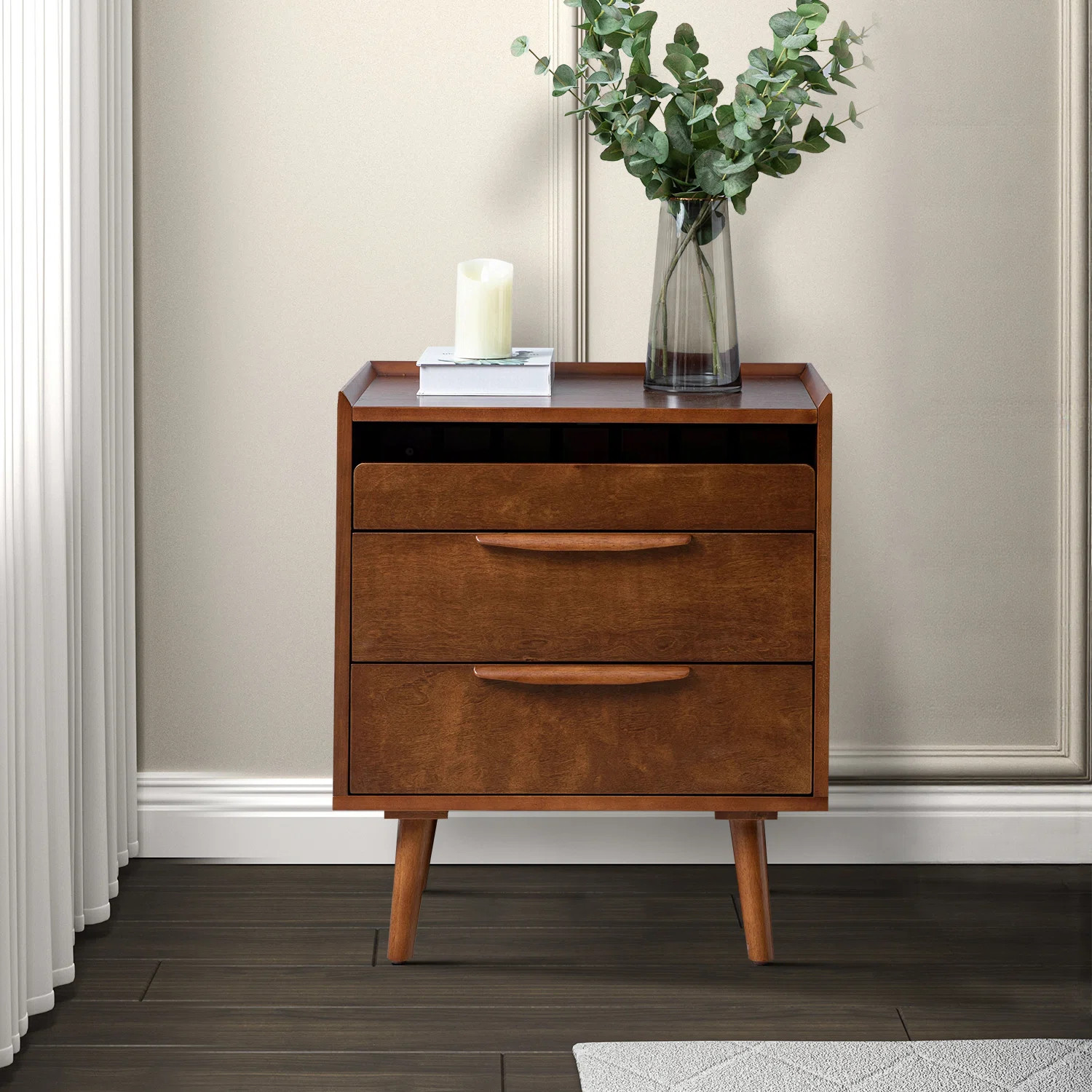 Sebrina Mid-century Modern 24''W 3-Drawer End Table with Charging Station and Solid Wood Legs | Wayfair North America
