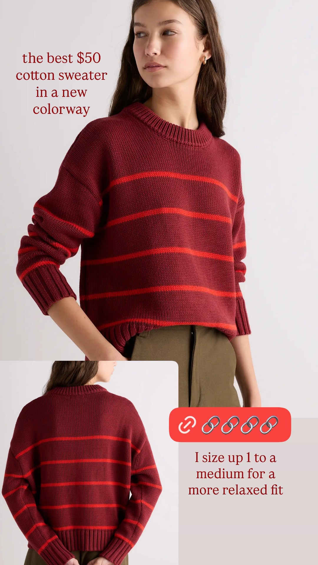 Everyone’s favorite striped cotton sweater now in a new colorway for fall and it’s only $50! I size up 1 to a medium for a more relaxed fit
