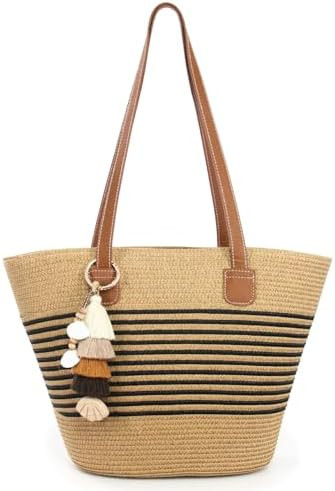 RUNROLE Straw Beach Tote Bag with Tassel Hat Clip for Travel, Handmade Lightweight Raffia Hobo Su... | Amazon (US)