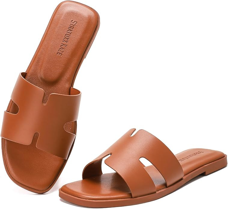 Stratuxx Kaze Open Toe Flat Dress Sandals Womens Slide Comfortable Summer Black, White, Tan Sanda... | Amazon (US)