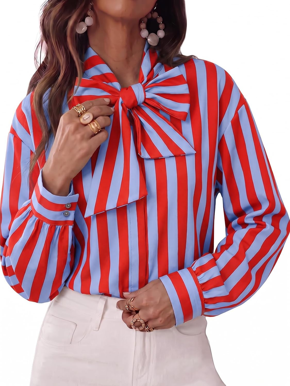 Tankaneo Womens Striped Button Down Shirts Bow Tie Neck Long Sleeve Tops | Amazon (US)