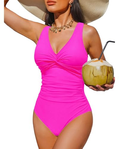 Holipick Hot Pink Women Tummy Control One Piece Swimsuit - Push Up Bathing Suit Full Coverage Slimming Swimwear XS | Amazon (US)