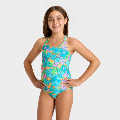 Girls' Floral One Piece Swimsuit - Cat & Jack™ Orange/Teal/Lime S | Target