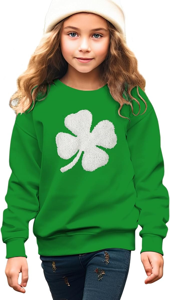 Girls St. Patrick's Day Sweatshirt Shamrock Lucky Clover Long Sleeve Outfit Shirt Chenille Patch ... | Amazon (US)