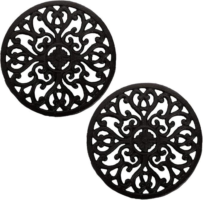 Hedume 2 Pack Cast Iron Trivet, 6.8" Cast Iron Round Trivet with Vintage Pattern and Rubber Pegs/... | Amazon (US)
