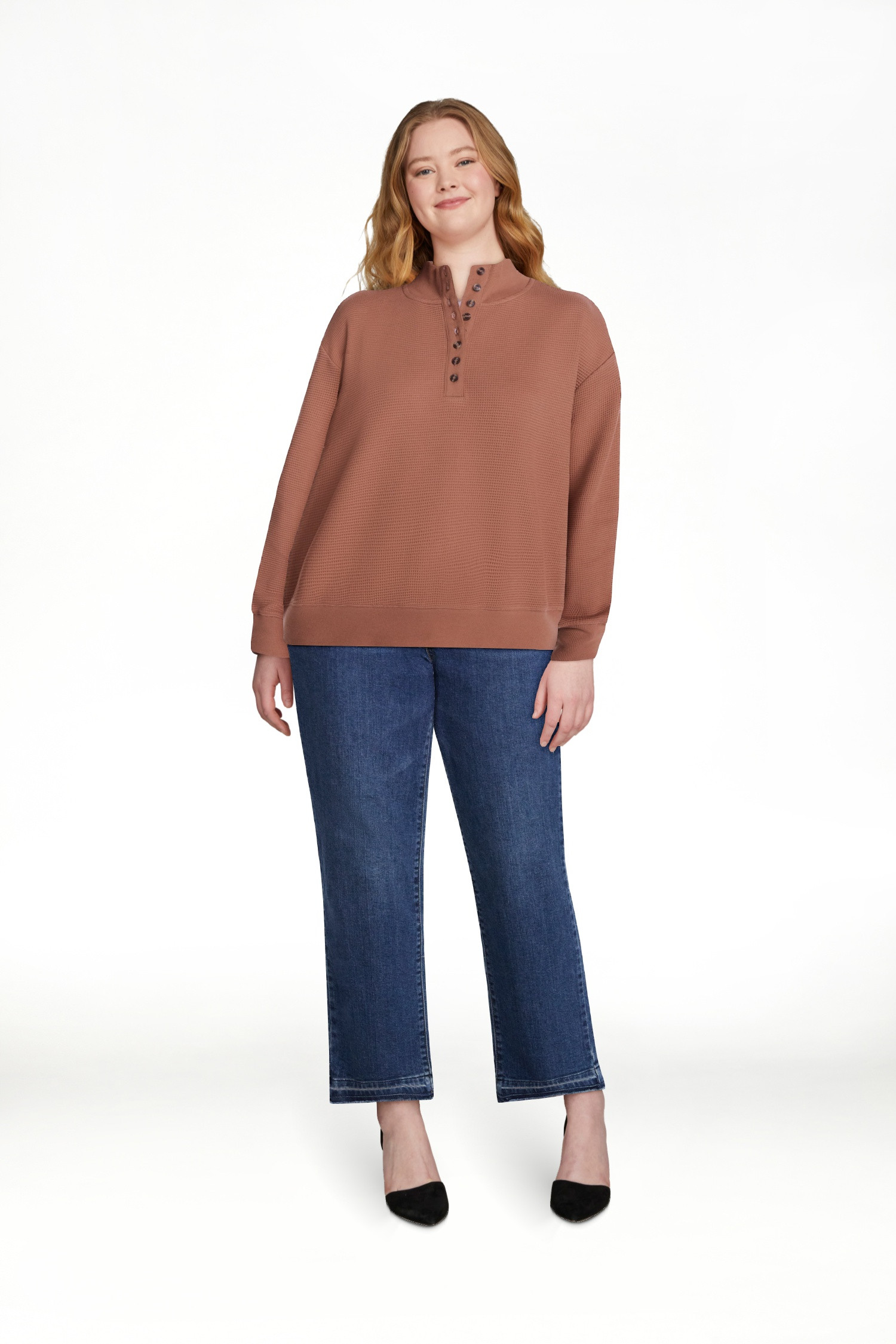 Scenario Women's and Women's Plus Waffle Knit Button Top with Long Sleeves, Sizes XS-4X | Walmart (US)