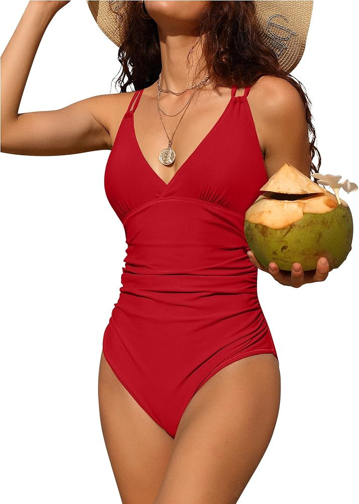 Charmo Tummy Control One Piece Swimsuits for Women Ruched Bathing Suits Strappy V Neck Monokini | Amazon (US)