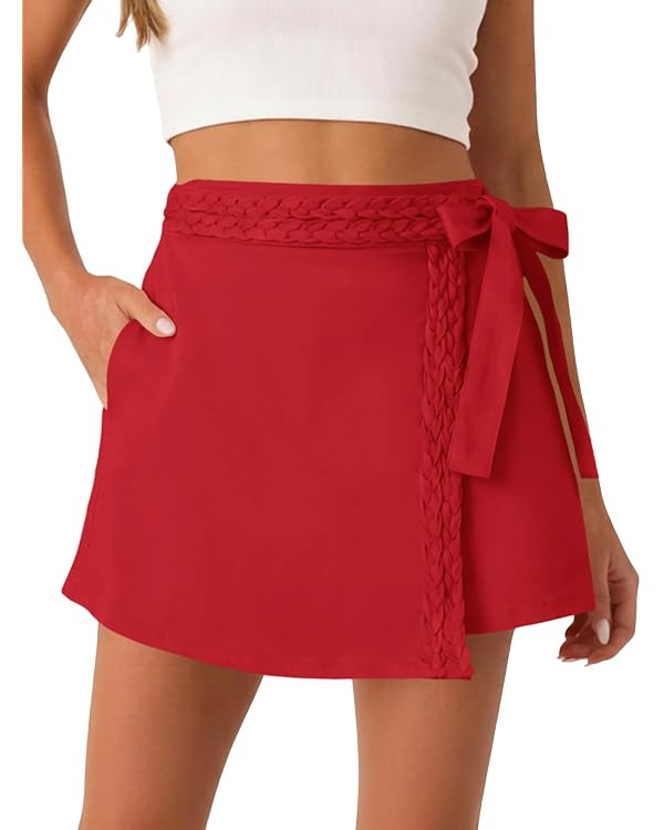 Tankaneo Womens Wrap Mini Skirt Skort Summer Casual Braided High Waisted Bow Tie Skirt Shorts wit... | Amazon (US)