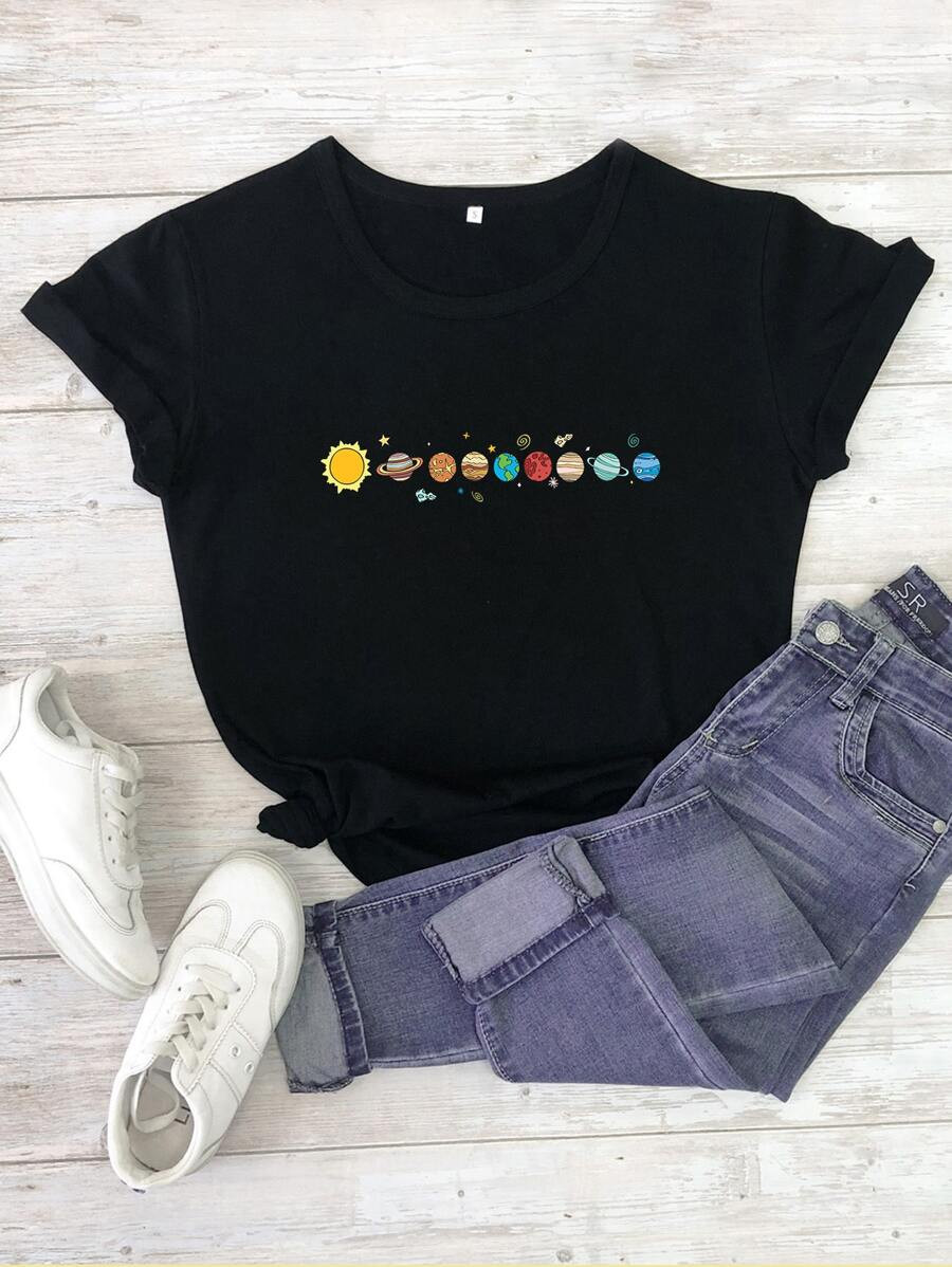 SHEIN LUNE Planet Print Crew Neck Tee | SHEIN
