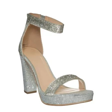 Rhinestone Block Heel Sandal - Women s Shimmering Dress Shoes | Walmart (US)