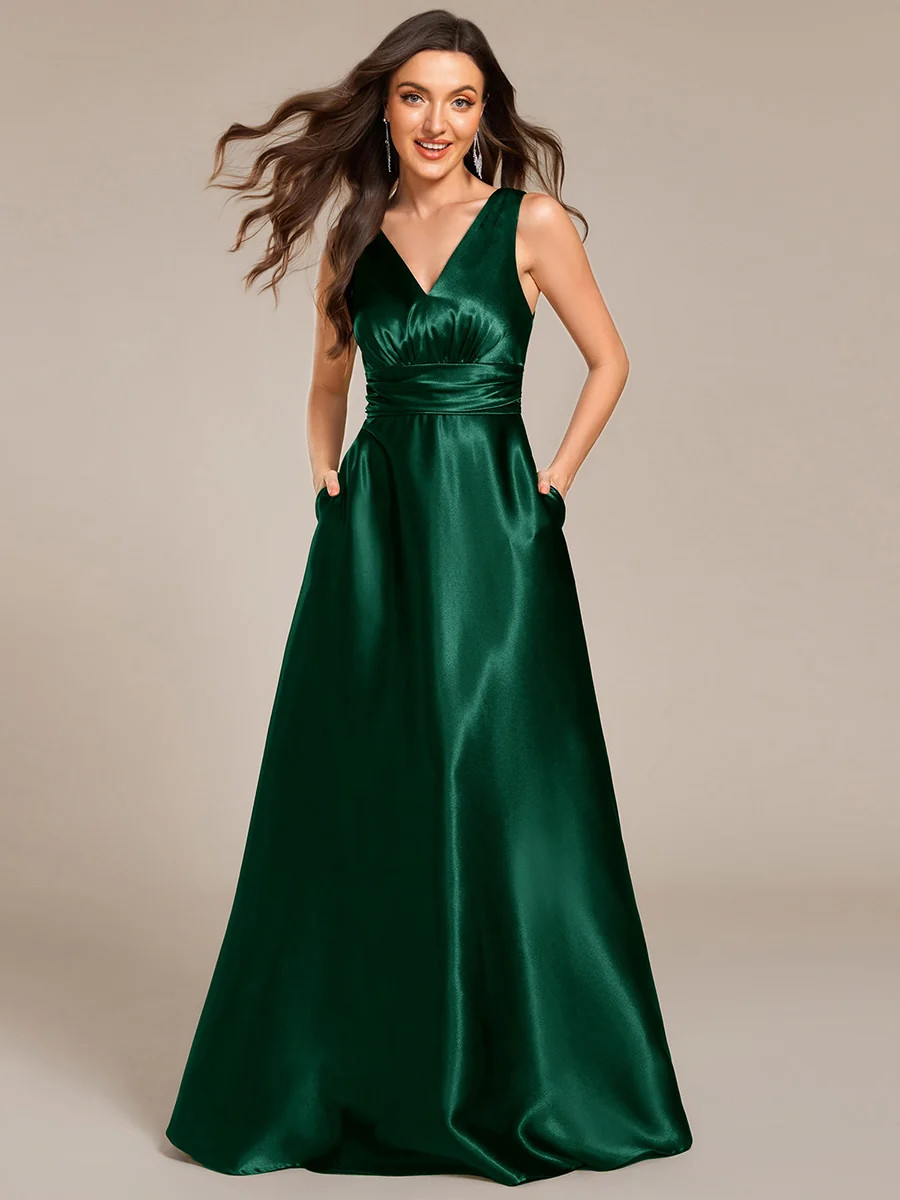 ever INDY|Double V-neck Satin Maxi Formal Dress with Pockets | Ever Pretty Garment Inc