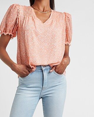 Printed Puff Sleeve V-Neck Top | Express