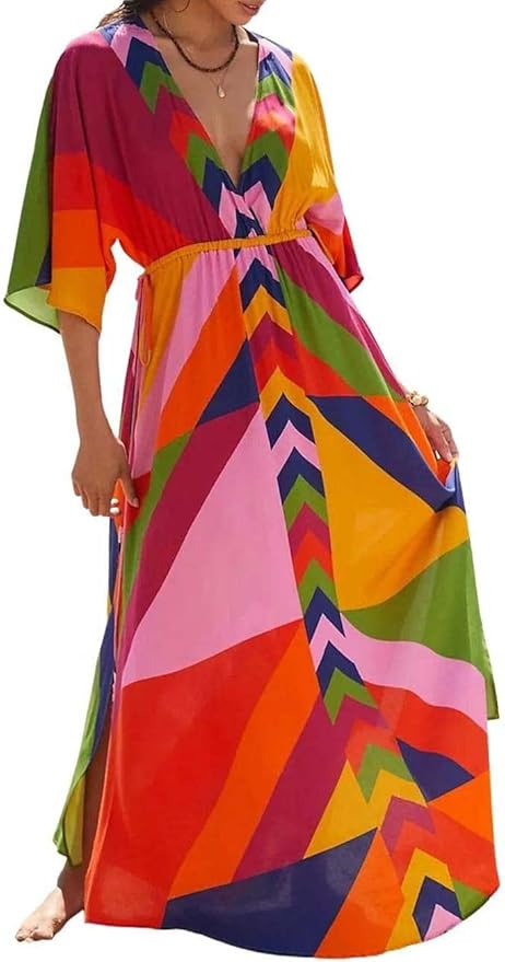 Bsubseach Kaftan Dresses for Women Bathing Suit Cover Up Beach Caftan with Drawstring | Amazon (US)