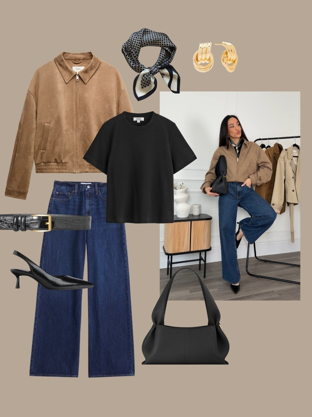 Spring outfit formulas - beige suede jacket with a black tee and blue wide denim jeans, styled with black leather accessories, slingback heels, silk scarf and Polene Bag 

 #LTKjeans #LTKstyletip

#LTKspring