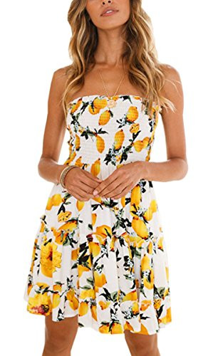 Angashion Women's Floral Strapless Pleated Flowy Skater Mini Tube Dress Lemon | Amazon (US)