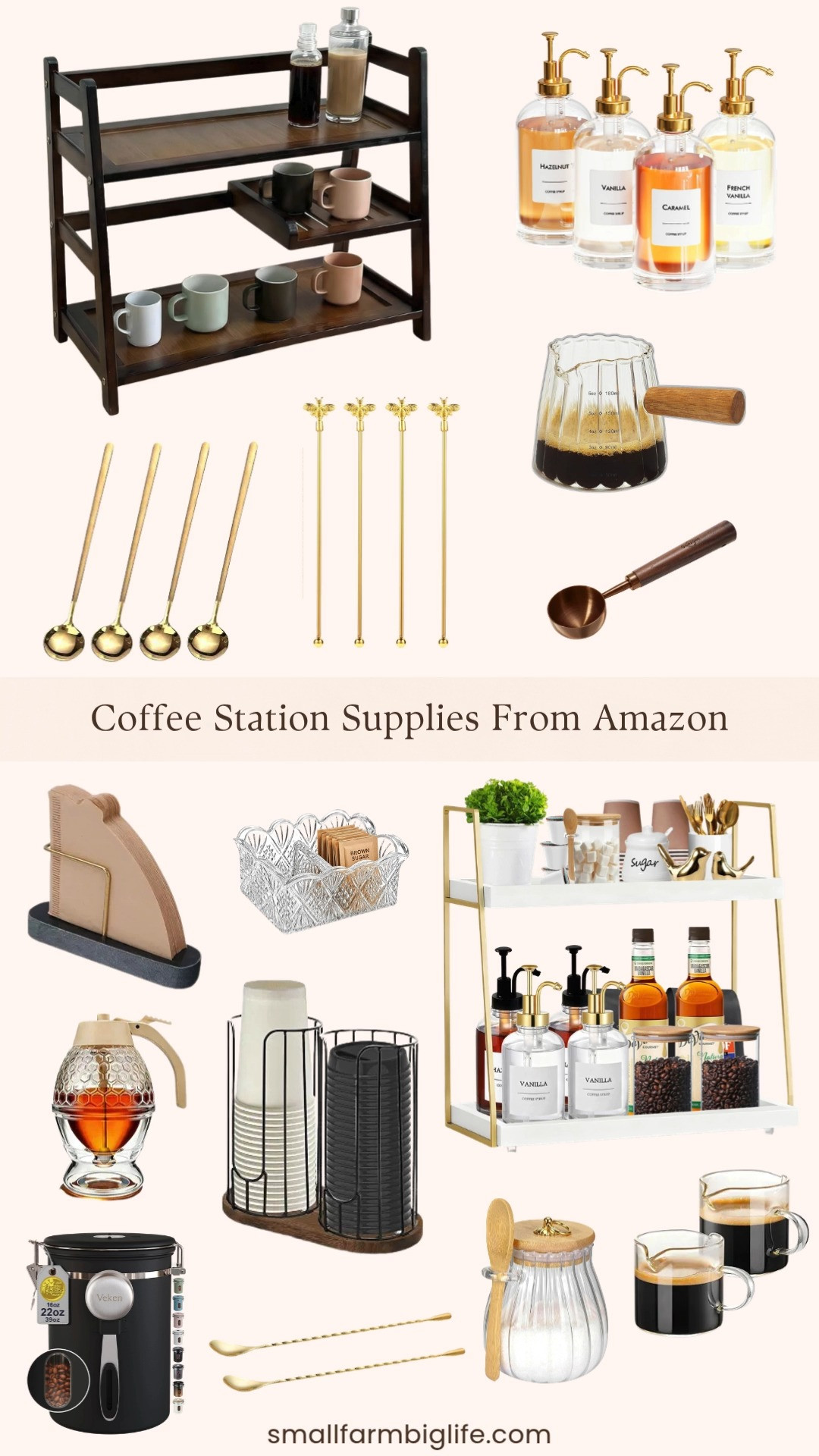 Building out a coffee station at home is one of my favorite small projects, and Amazon has so many great pieces for it right now.

The gold coffee syrup dispenser set comes with four glass bottles and syrup labels, perfect for a cafe style setup at home. The gold coffee spoons and the rose gold vintage coffee measuring scoop with a walnut handle add a beautiful finishing touch.

The beige honey and maple syrup dispenser is no drip and reusable, great for coffee, pancakes, or waffles. The gold bumble bee cocktail stirrers are a fun detail for hot cocoa or coffee drinks.

For organization, the marble and brass coffee filter holder keeps V60 filters tidy, and the three tier bamboo matcha station is perfect for organizing matcha tools and cups. The two tier wooden coffee station organizer and the coffee cup dispenser rack with a wood base both help keep countertops neat.

The crystal sugar packet holder and the coffee canister with a window bring elegant storage for sweeteners, beans, and grounds. The sugar container with a bamboo lid and spoon is a great coffee bar accessory too.

For serving, the espresso cups, the ribbed milk frothing pitcher, and the double spout espresso cups with handles round out a full home barista setup.

#coffeestation #coffeebar #homebarista #amazonhomefinds #kitchenorganization 

 #LTKfoodie #LTKHome