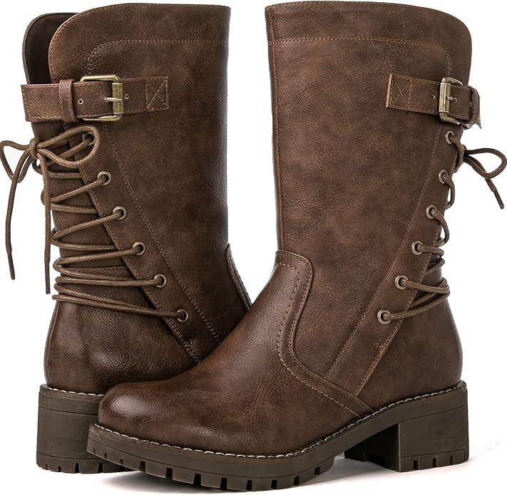 GLOBALWIN Women's Lace up Mid Calf Motorcycle Fashion Festival Boots | Amazon (US)