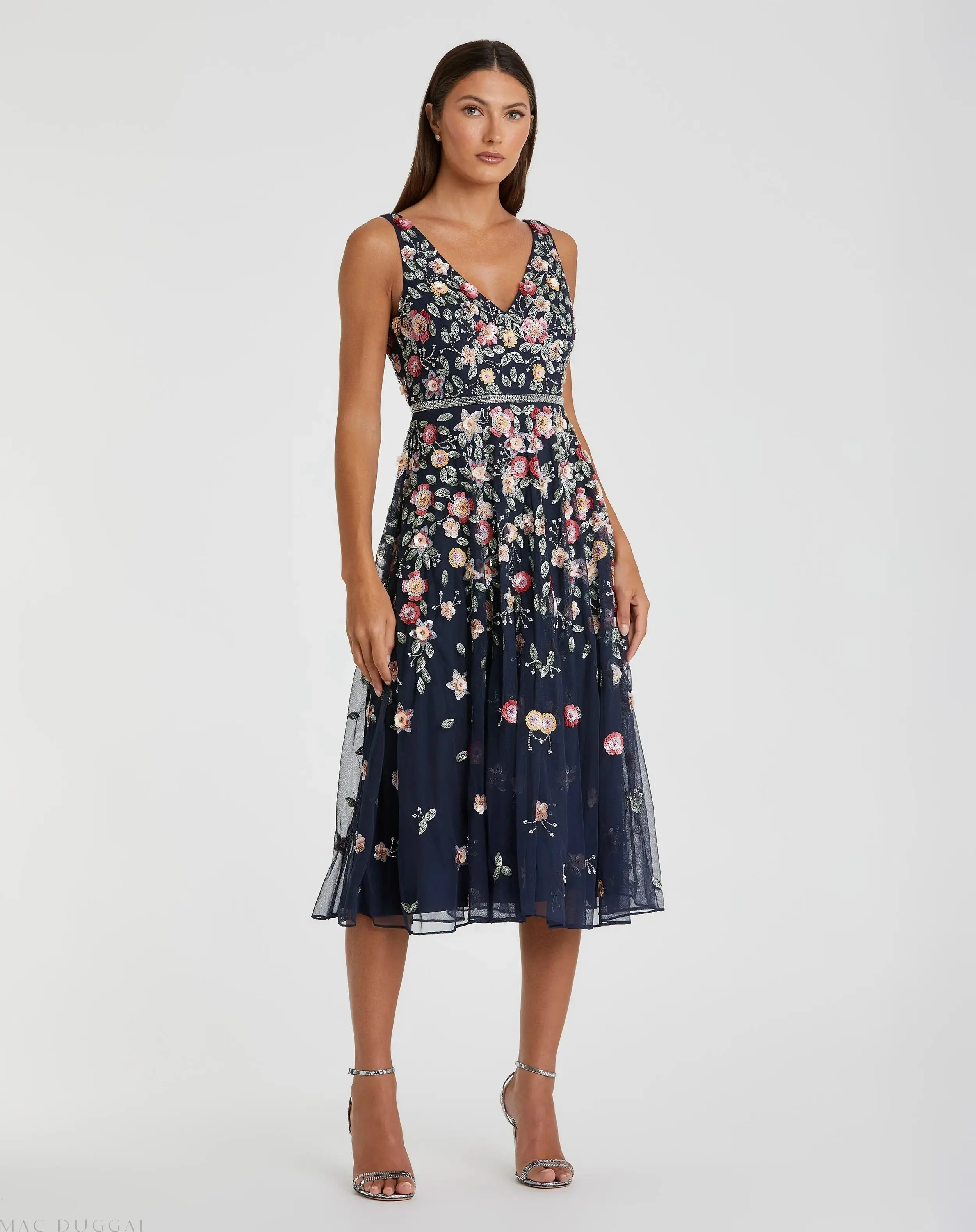 Navy V-Neck Sleeveless Midi Floral Beaded A-line Dress - Mac Duggal | Mac Duggal