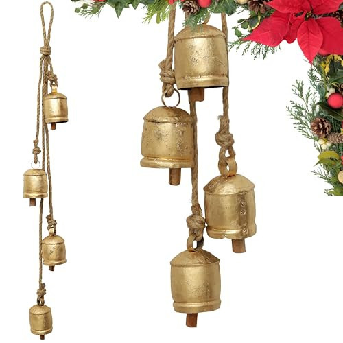 Rustic Gold Bell Wind Chimes, Traditional Metal Bells with Jute Rope, Decorative Holiday Garden Hanging Decor | Amazon (US)