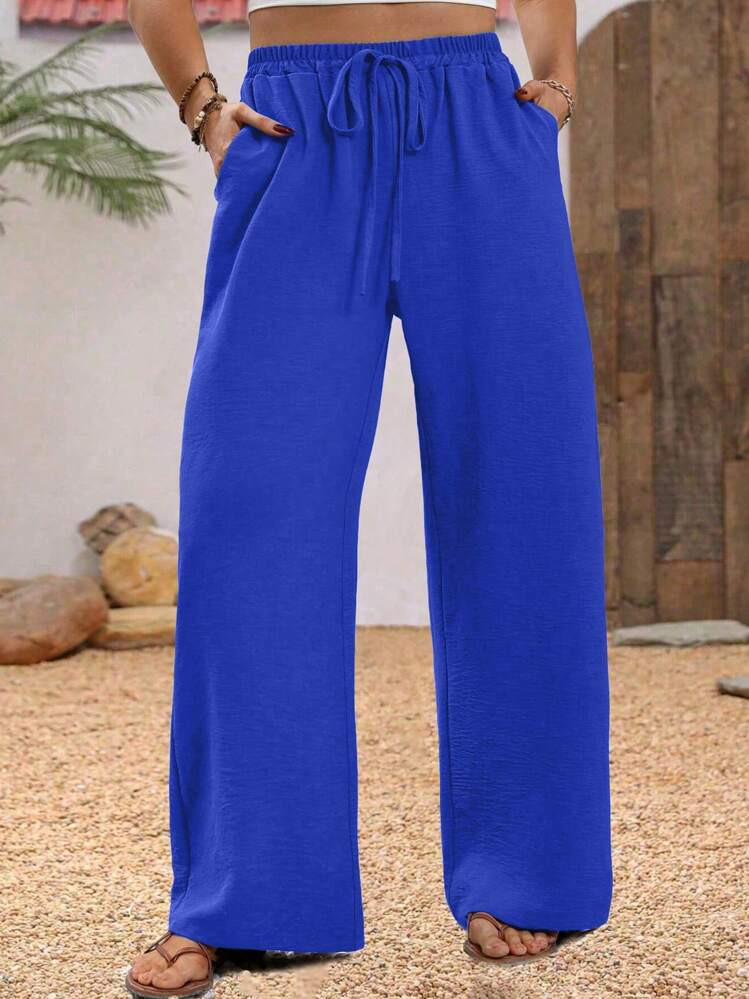 EMERY ROSE Plus Size Solid Knot Elastic Waist Slant Pocket Wide Leg Pants | SHEIN