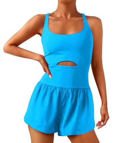 Wenlia Womens Athletic Romper Padded Bras One Piece Workout Outfits Jumpsuit Gym Exercise Running Onesie Summer Activewear, Aquamarine | Amazon (US)