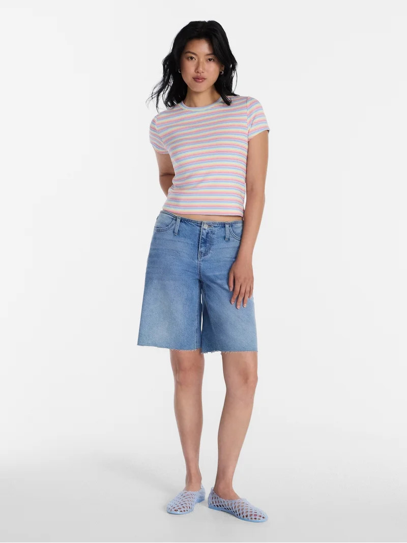 No Boundaries Ribbed Striped Cotton Baby Tee, Women's XXS-XXL | Walmart (US)