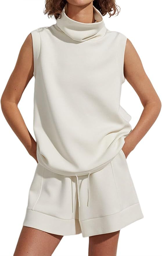 Meladyan Women 2 Piece Tracksuit Turtleneck Sleeveless Vest Tank High Waist Drawstring Shorts wit... | Amazon (US)