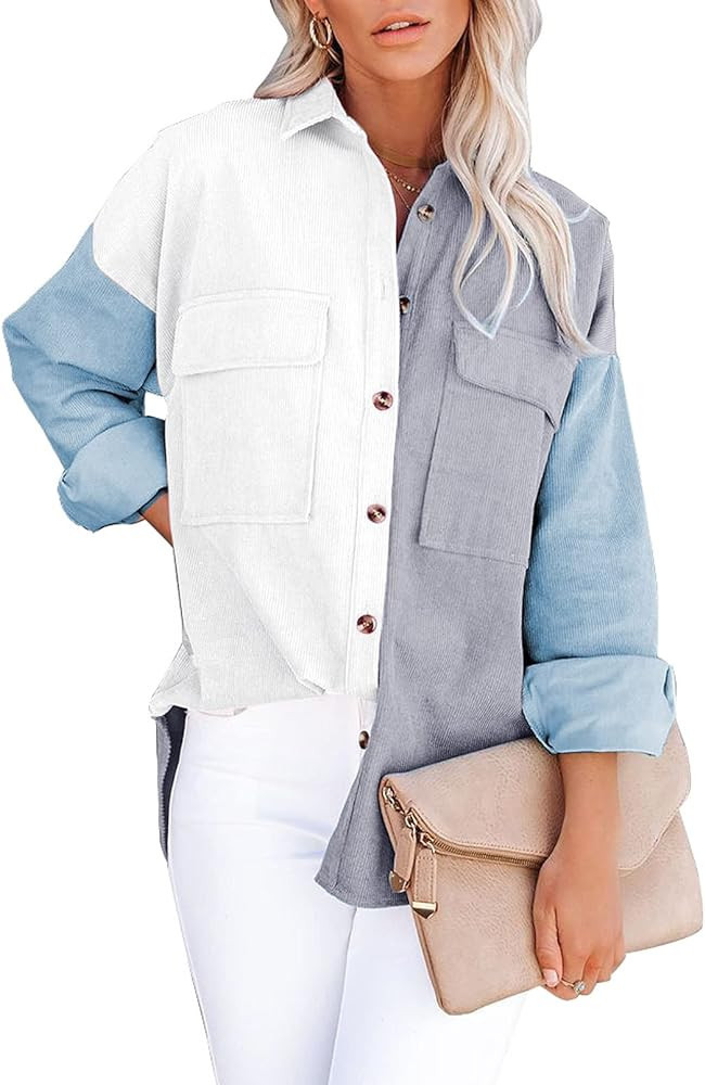 Dokotoo Womens Corduroy Button Down Shirts Boyfriend Long Sleeve Oversized Blouses Tops | Amazon (US)